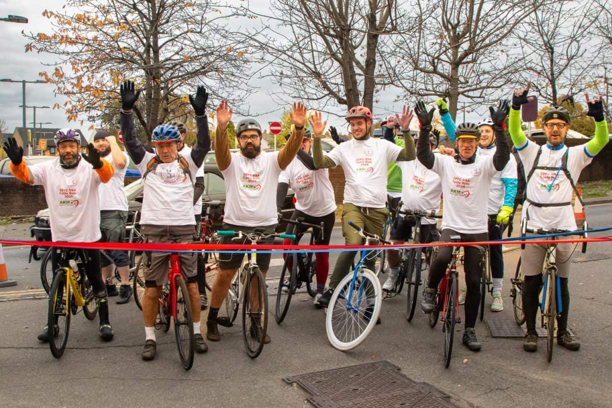 Cyclists at the finish line at Selhurst Park