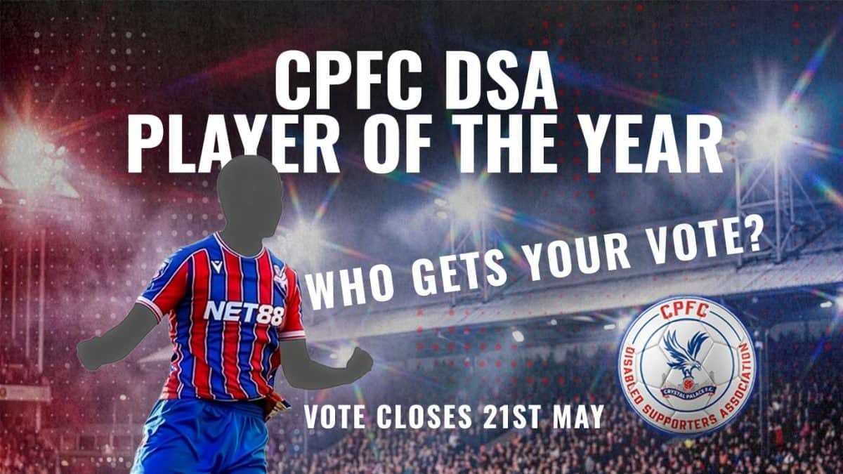Silhouette of a figure in Crystal Palace kit in front of a floodlit stadium background with the words cpfc dsa player of the season. who gets your vote?