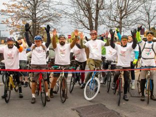 Cyclists at the finish line at Selhurst Park