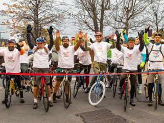 Cyclists at the finish line at Selhurst Park